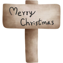 Watercolor rustic  wooden signboard with merry christmas letters illustration.