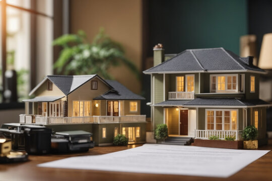 House model and contract, agent and customers discussing buying renting house, get insurance or loan real estate or property on background. Concept of mortgage. Generative AI