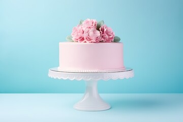 Pink wedding cake decorated with flowers on blue background.