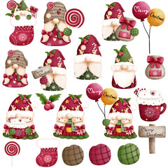 Set of whimsical watercolor christmas gnomes and christmas ornaments illustration.Set of christmas gnomes clipart.