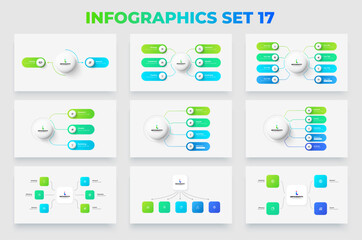 Set of infographic flowcharts diagrams. Structure scheme with 2, 3, 4, 5, 6 and 8 options