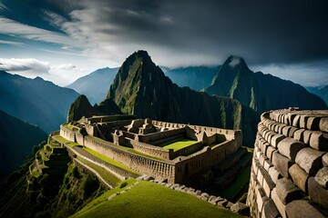 The ancient ruins of Machu Picchu, shrouded in mist and mystery, steep terraces - obrazy, fototapety, plakaty