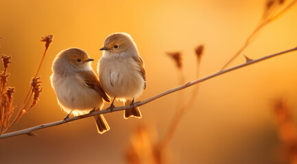  birds standing at the sunset on a grassland