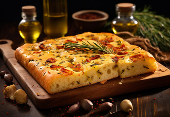 Italian bread with spices on natural background.