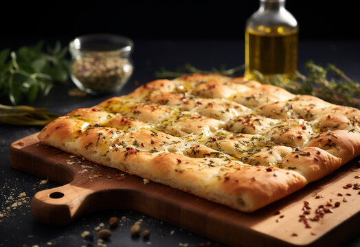 Italian bread with spices on natural background.