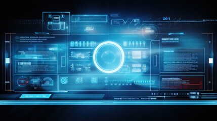 Futuristic medical research room with biometrics diagnosis infographs. Hospital services futuristic concept as wide banner.