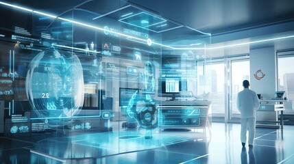 Futuristic medical research room with biometrics diagnosis infographs. Hospital services futuristic concept as wide banner.