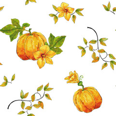 Watercolor autumn pattern with pumpkins and flowers. Autumn bright pumpkin design for thanksgiving day. Pumpkin flowers, leaves and twigs.