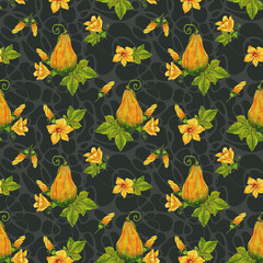 Watercolor autumn pattern with pumpkins and flowers. Autumn bright pumpkin design for thanksgiving day. Pumpkin flowers, leaves and twigs. Design on a dark green background.