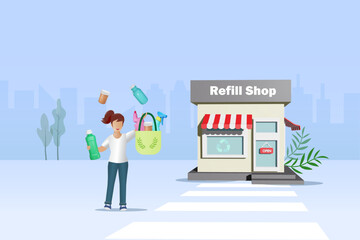 Woman holding cloth bag with refill shop for reusable containers and zero waste. Sustainable environment, new alternative trend for grocery and consumer products. 3D vector.