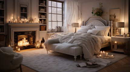 A bedroom with a bed and a cozy seating area by the fireplace
