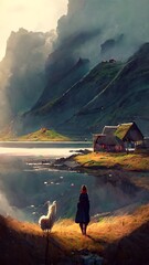 expansive colorful faroese seaside village crystal clear bay mountainous background cute chick with thick braids long legs wide hips 12 cinematic lighting shafts of sunlight through the clouds08  - obrazy, fototapety, plakaty