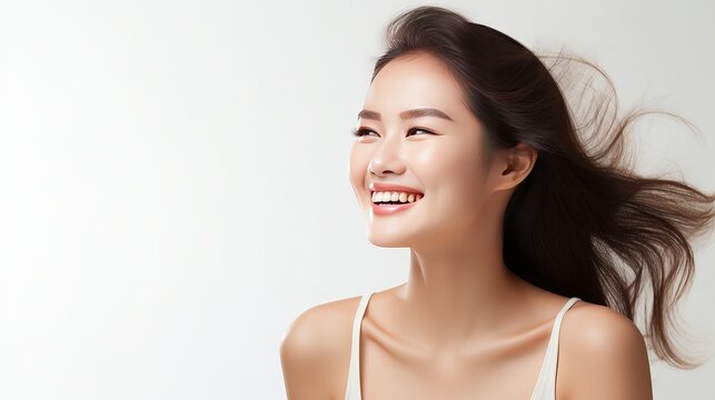 Young beautiful Asian woman smiling, beautiful teeth, generative ai