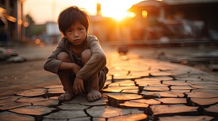 Asian children living in poverty and drought - obrazy, fototapety, plakaty