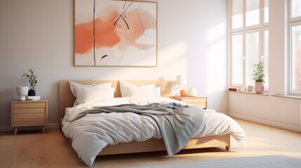 A bedroom with a king size bed, a nightstand, and a few pieces of art 