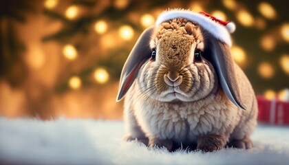 Obraz premium Christmas bunny in a Santa Claus hat on the background of gifts and a Christmas tree 
