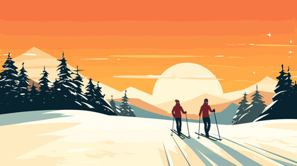 simple vector illustration, copy space, simple colors, 2 persons cross-country skiing. Illustration for publicity on a ski resort. Copy space available. Winter sports theme.