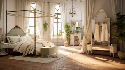 A bedroom with a four-poster canopy bed, silk curtains, a vanity table with a tri-fold mirror, a walk-in closet with custom shelving, and a chandelier