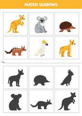 Find shadows of cute Australian animals. Cards for kids.