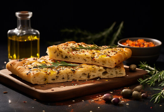 Italian bread with spices on natural background.