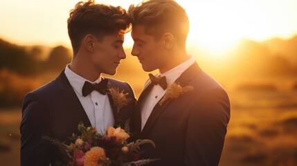 Handsome gay couple hugging in wedding suit enjoying the relationship with LGBTQ - obrazy, fototapety, plakaty
