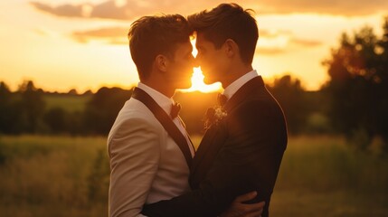 Handsome gay couple hugging in wedding suit enjoying the relationship with LGBTQ