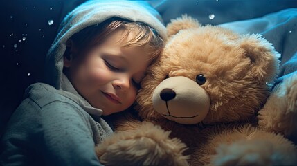 A cute little boy hugs a big soft teddy bear.