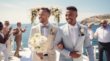 Handsome gay couple in wedding ceremony at outdoor venue near sea under wedding flower arch, Authentic LGBTQ Relationship. - obrazy, fototapety, plakaty