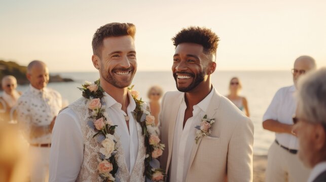 Handsome gay couple in wedding ceremony at outdoor venue near sea under wedding flower arch, Authentic LGBTQ Relationship.