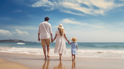 Happy family on the beach having fun on summer vacation, Holiday travel concept.