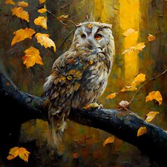 beautiful huge realistic owl sitting on a branch in the forest with falling golden leaves oil painting  - obrazy, fototapety, plakaty