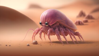 A translucent pink creature with tentacles hunts for small furry critters to eat it on the dusty mars soil very fine sand red dust macro shot photorealistic style 