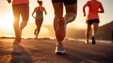 Group of runners running on sunrise seaside trail