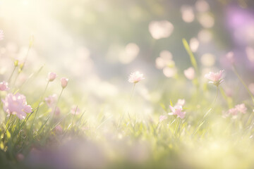 Nature background. Fresh grass with flowers. AI