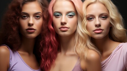 Fototapeta premium Female models of different skin colors and nationalities pose together. Beautiful girls with the appearance of beauty standards. Faces close up