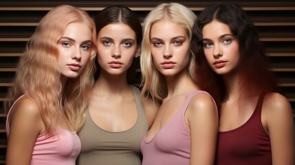 Obraz premium Female models of different skin colors and nationalities pose together. Beautiful girls with the appearance of beauty standards. Faces close up
