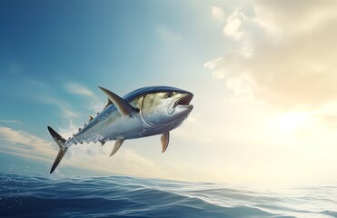 Naklejka premium A tuna jumping among the waves of the sea.