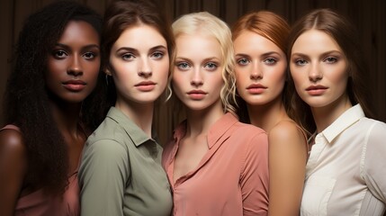 Fototapeta premium Female models of different skin colors and nationalities pose together. Beautiful girls with the appearance of beauty standards. Faces close up