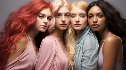 Obraz premium Female models of different skin colors and nationalities pose together. Beautiful girls with the appearance of beauty standards. Faces close up