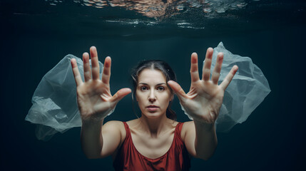 Say no to plastic bags, woman using hands to convey to stop using plastic bags