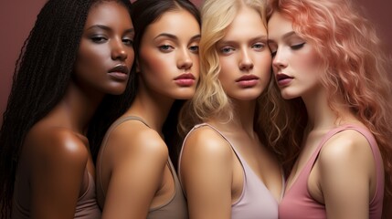 Fototapeta premium Female models of different skin colors and nationalities pose together. Beautiful girls with the appearance of beauty standards. Faces close up