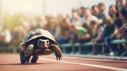 Tortoise winning the race, people on both sides of the track watching, concept of Tortoise and the Hare - obrazy, fototapety, plakaty