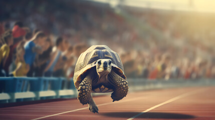 Tortoise wins the race, Tortoise and the Hare race concept - obrazy, fototapety, plakaty