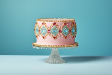 Luxurious pink cake decorated with colorful diamonds, jewelry, sparkling precious stones. Royal dessert.