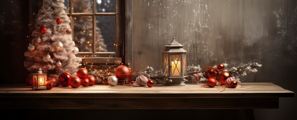 Christmas, New Year interior with red brick wall background, decorated fir tree with garlands and balls.