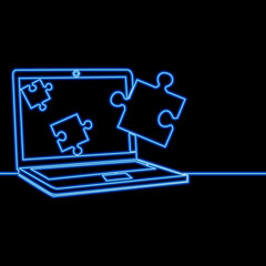 Continuous line drawing Puzzle. Teamwork. Network concept on laptop screen icon neon glow vector illustration concept