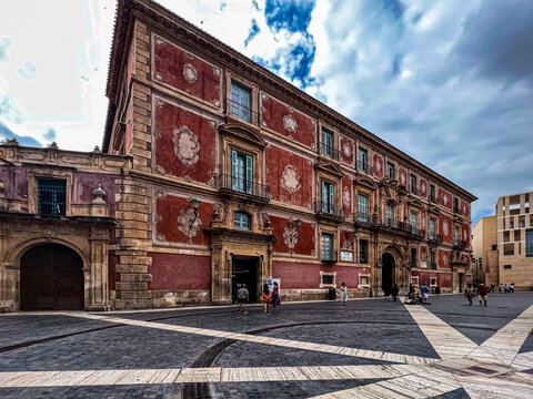Episcopal Palace on Cardinal Belluga square, Murcia, Spain (inscription "Cardinal Belluga square"). Selective focus