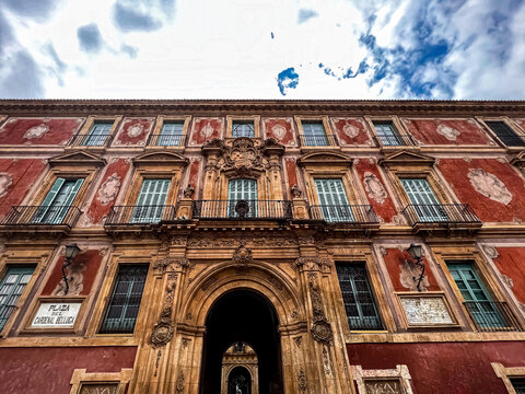 Episcopal Palace on Cardinal Belluga square, Murcia, Spain (inscription "Cardinal Belluga square"). Selective focus