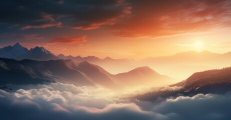 Fototapeta premium natural fog and mountain scene bathed in sunlight, showcasing misty waves and warm color