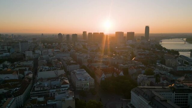 Bratislava skyline aerial view at sunset bratislava slovakia city skyscrapers view of old town drone footage in 4k.